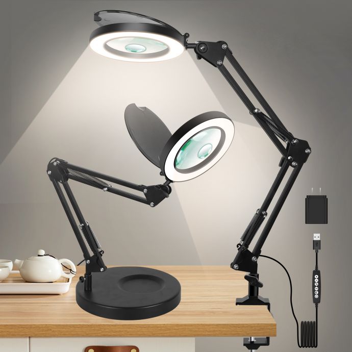 Magnifying Glass with Light and Clamp, 5X & 10X Real Glass Lens LED Magnifier Lamp, 2-in-1 Magnifying Lamp & Clamp, 3 Modes Stepless Dimmable LED Lighted Magnifier for Close Work Crafting Repair